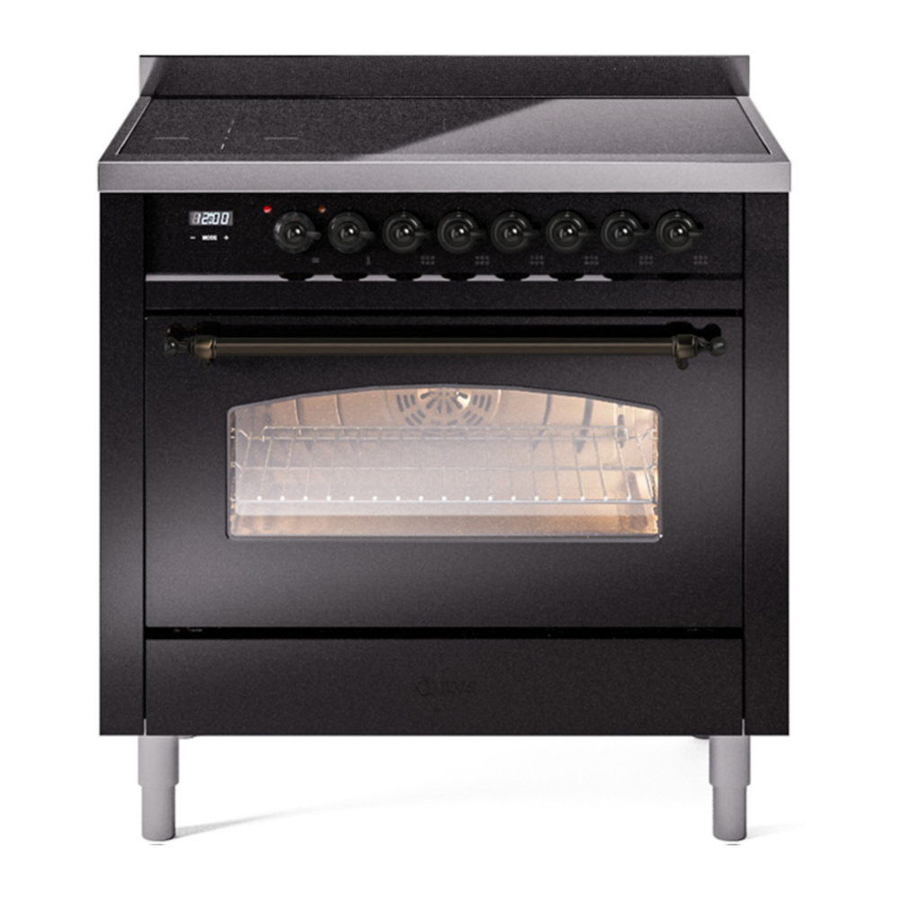ILVE UPI366NMPBKB Nostalgie II 36 inch Induction Range with 6 Elements (Triple Glass Door, Glossy Black, Burnished) 1 UPI366NMPBKB