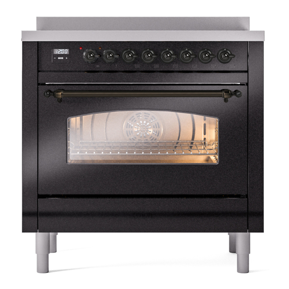 ILVE UPI366NMPBKB Nostalgie II 36 inch Induction Range with 6 Elements (Triple Glass Door, Glossy Black, Burnished) 5 ILVE UPI366NMP front view
