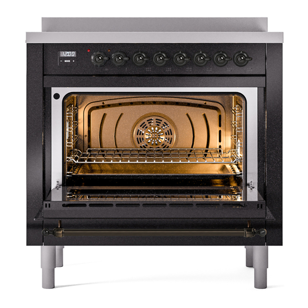 ILVE UPI366NMPBKB Nostalgie II 36 inch Induction Range with 6 Elements (Triple Glass Door, Glossy Black, Burnished) 6 ILVE UPI366NMP oven door opened