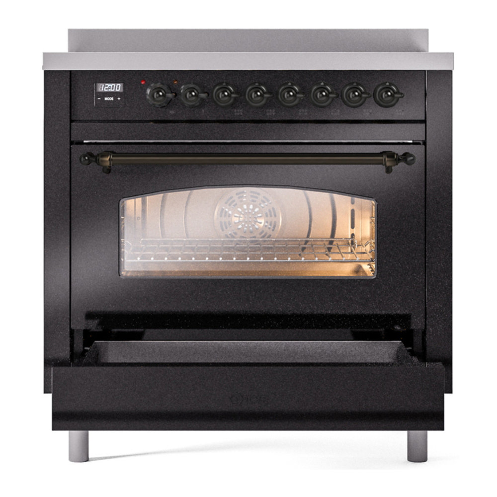 ILVE UPI366NMPBKB Nostalgie II 36 inch Induction Range with 6 Elements (Triple Glass Door, Glossy Black, Burnished) 7 ILVE UPI366NMP drawer opened