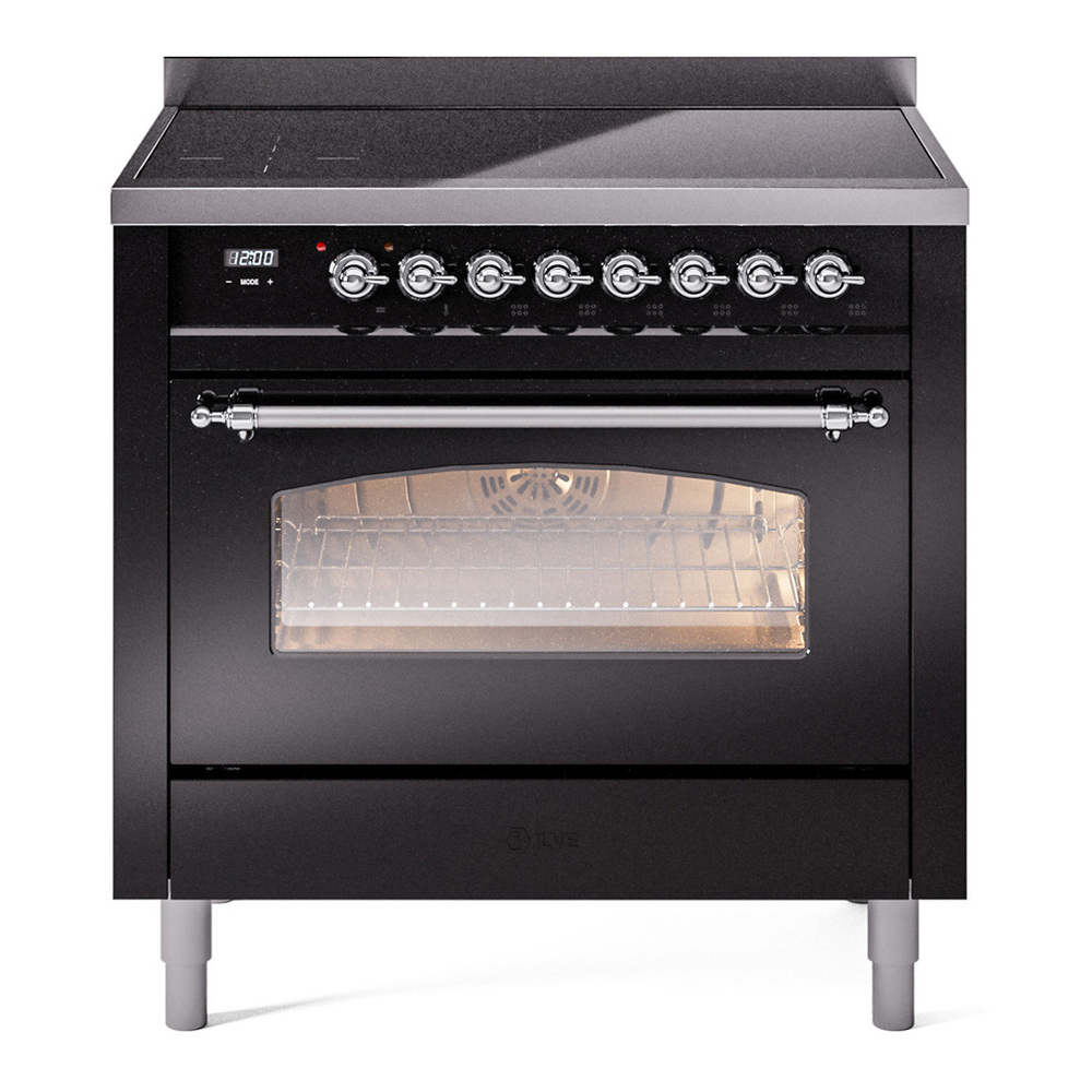 ILVE UPI366NMPBKC Nostalgie II 36 inch Induction Range with 6 Elements (Triple Glass Door, Glossy Black, Chrome) 1 UPI366NMPBKC