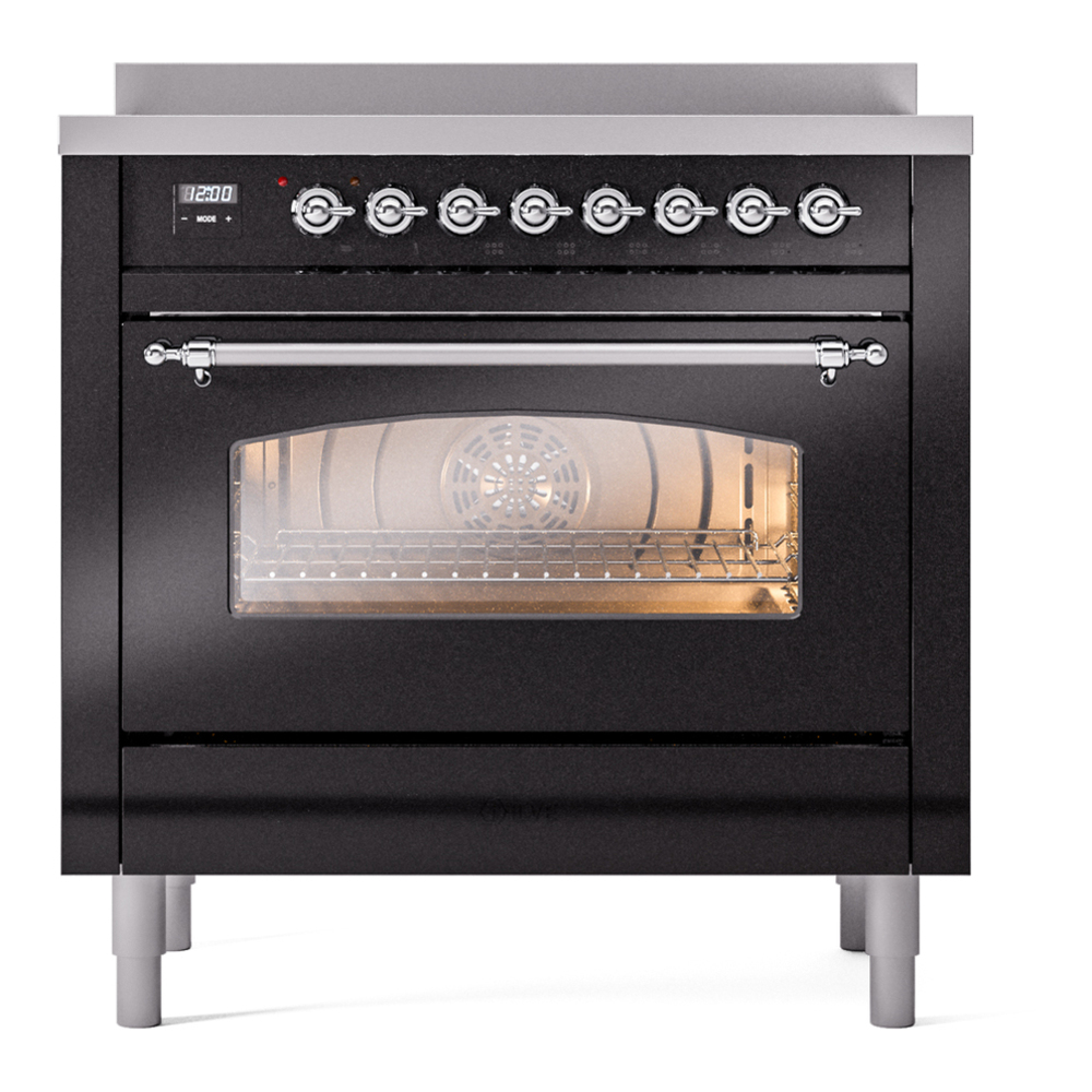 ILVE UPI366NMPBKC Nostalgie II 36 inch Induction Range with 6 Elements (Triple Glass Door, Glossy Black, Chrome) 5 ILVE UPI366NMPBKC Nostalgie II 36" Induction Range, front view