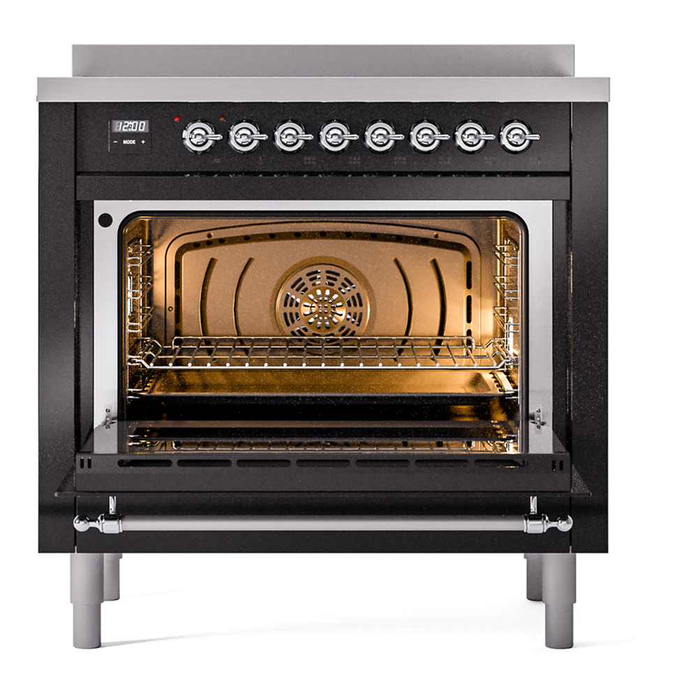 ILVE UPI366NMPBKC Nostalgie II 36 inch Induction Range with 6 Elements (Triple Glass Door, Glossy Black, Chrome) 6 ILVE UPI366NMPBKC Nostalgie II 36" Induction Range, oven door opened