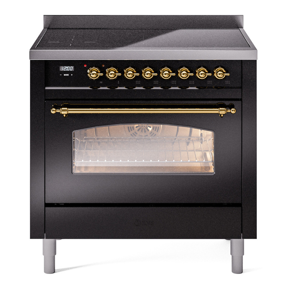 ILVE UPI366NMPBKG Nostalgie II 36 inch Induction Range with 6 Elements (Triple Glass Door, Glossy Black, Brass) 1 UPI366NMPBKG