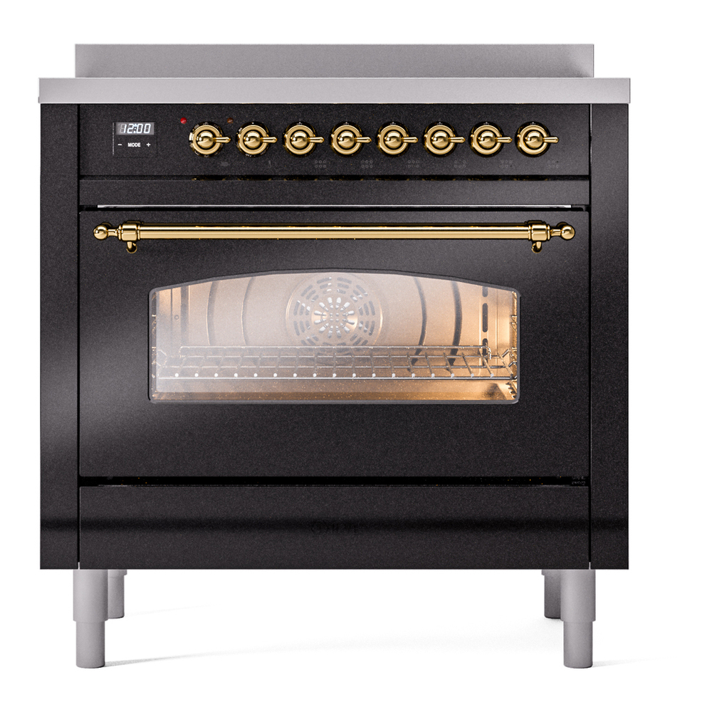 ILVE UPI366NMPBKG Nostalgie II 36 inch Induction Range with 6 Elements (Triple Glass Door, Glossy Black, Brass) 5 ILVE UPI366NMPBKG Nostalgie II 36" Induction Range, front view