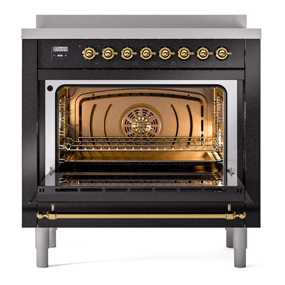 ILVE UPI366NMPBKG Nostalgie II 36 inch Induction Range with 6 Elements (Triple Glass Door, Glossy Black, Brass) 6 ILVE UPI366NMPBKG Nostalgie II 36" Induction Range, oven door opened