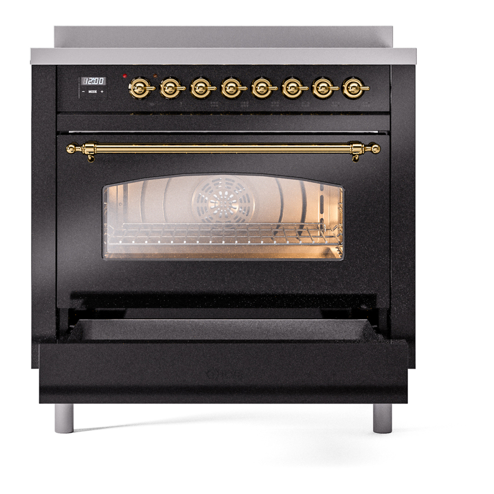 ILVE UPI366NMPBKG Nostalgie II 36 inch Induction Range with 6 Elements (Triple Glass Door, Glossy Black, Brass) 7 ILVE UPI366NMPBKG Nostalgie II 36" Induction Range, drawer opened