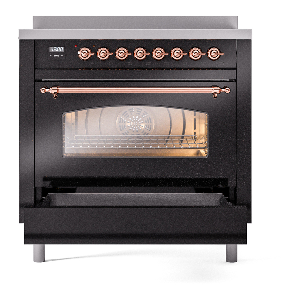 ILVE UPI366NMPBKP Nostalgie II 36 inch Induction Range with 6 Elements (Triple Glass Door, Glossy Black, Copper) 7 ILVE UPI366NMPBKP Nostalgie II 36" Induction Range, drawer opened