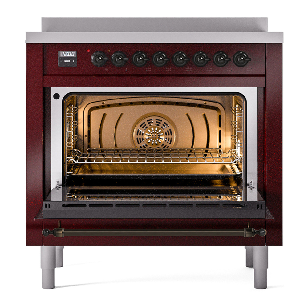 ILVE UPI366NMPBUB Nostalgie II 36 inch Induction Range with 6 Elements (Triple Glass Door, Burgundy, Burnished) 6 ILVE UPI366NMP oven door opened