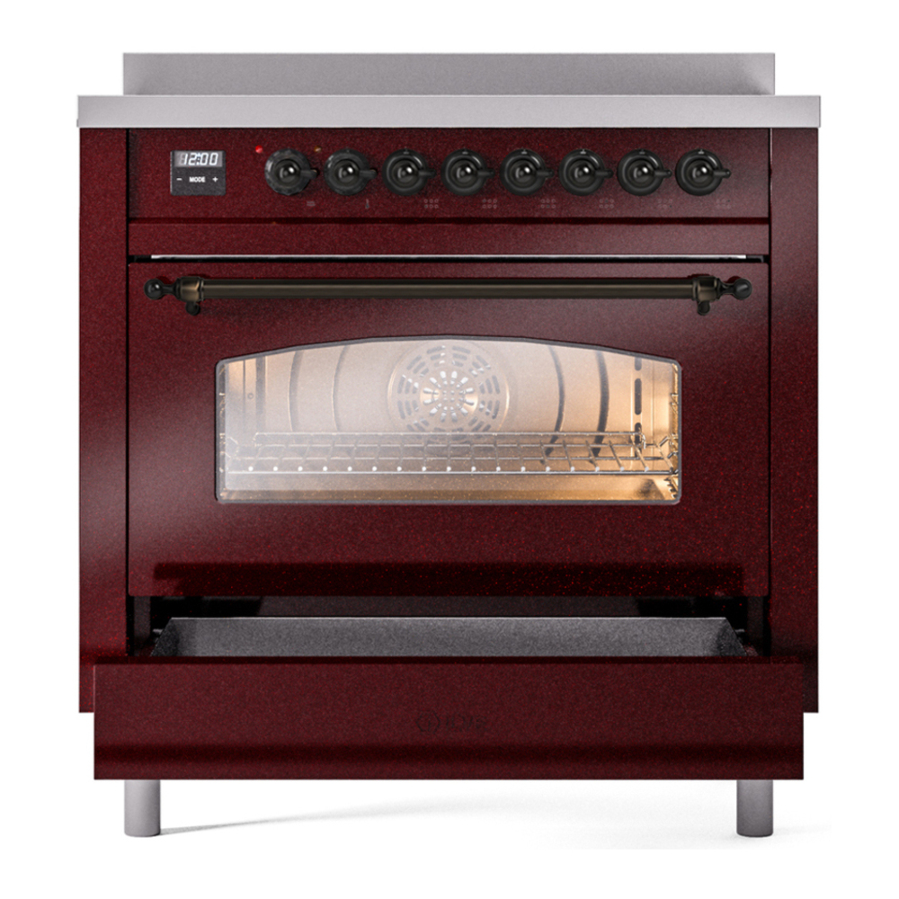 ILVE UPI366NMPBUB Nostalgie II 36 inch Induction Range with 6 Elements (Triple Glass Door, Burgundy, Burnished) 7 ILVE UPI366NMP drawer opened