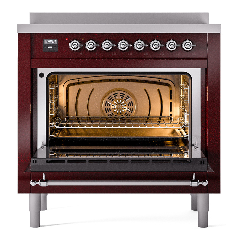 ILVE UPI366NMPBUC Nostalgie II 36 inch Induction Range with 6 Elements (Triple Glass Door, Burgundy, Chrome) 6 ILVE UPI366NMPBUC Nostalgie II 36" Induction Range, oven door opened