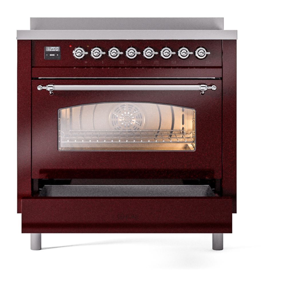 ILVE UPI366NMPBUC Nostalgie II 36 inch Induction Range with 6 Elements (Triple Glass Door, Burgundy, Chrome) 7 ILVE UPI366NMPBUC Nostalgie II 36" Induction Range, drawer opened