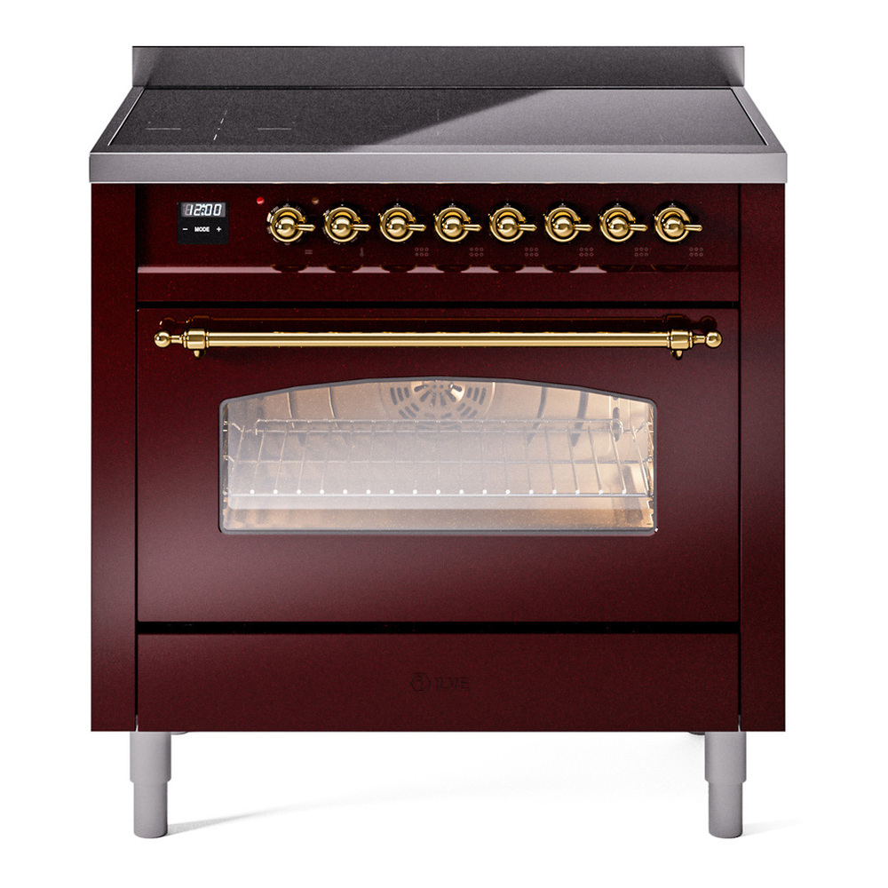 ILVE UPI366NMPBUG Nostalgie II 36 inch Induction Range with 6 Elements (Triple Glass Door, Burgundy, Brass)