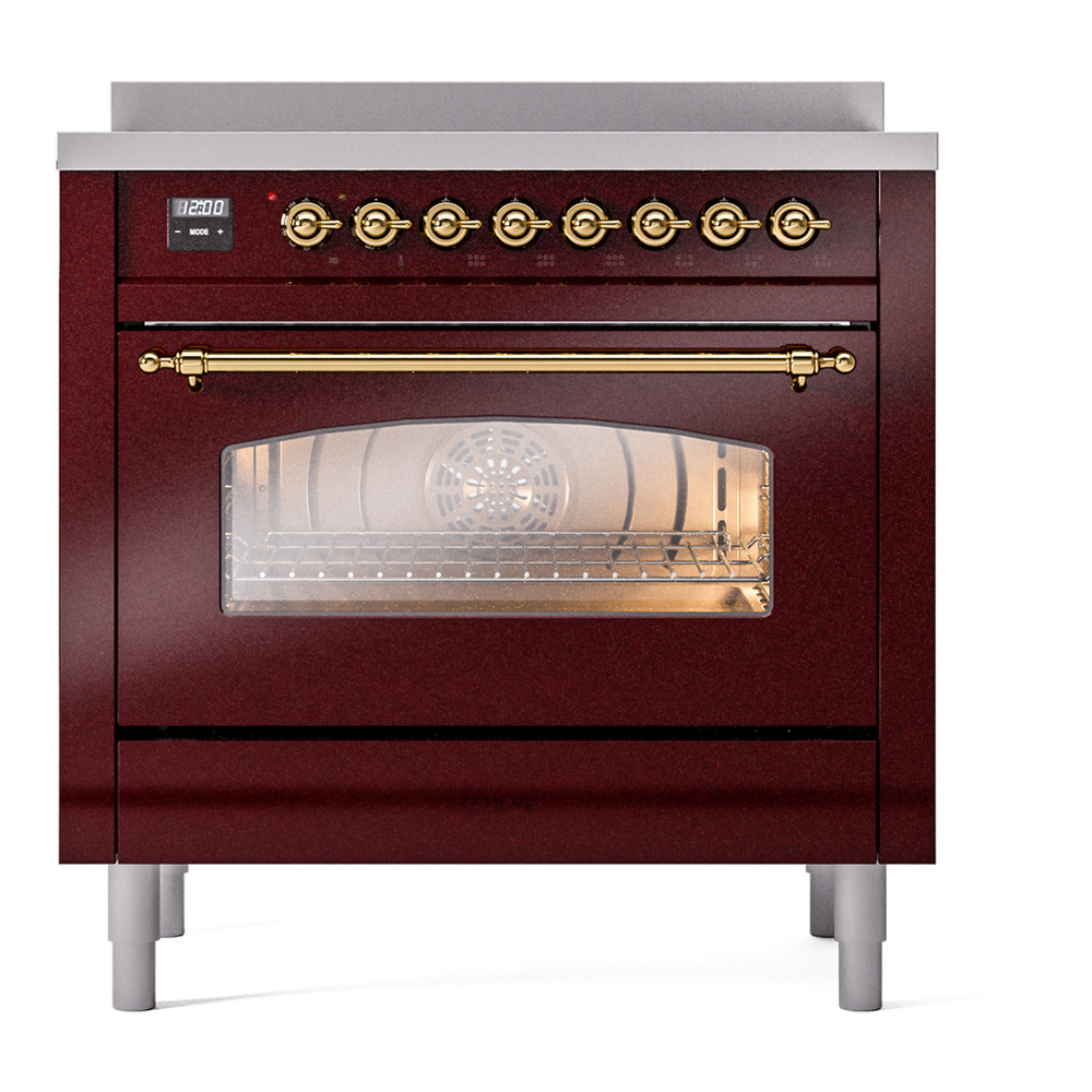 ILVE UPI366NMPBUG Nostalgie II 36 inch Induction Range with 6 Elements (Triple Glass Door, Burgundy, Brass) 5 ILVE UPI366NMPBUG Nostalgie II 36" Induction Range, front view