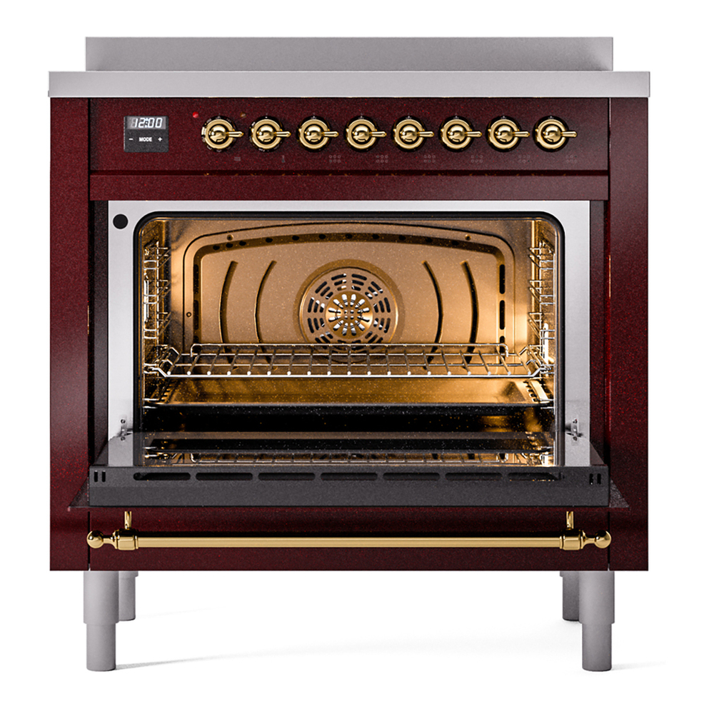 ILVE UPI366NMPBUG Nostalgie II 36 inch Induction Range with 6 Elements (Triple Glass Door, Burgundy, Brass) 6 ILVE UPI366NMPBUG Nostalgie II 36" Induction Range, oven door opened
