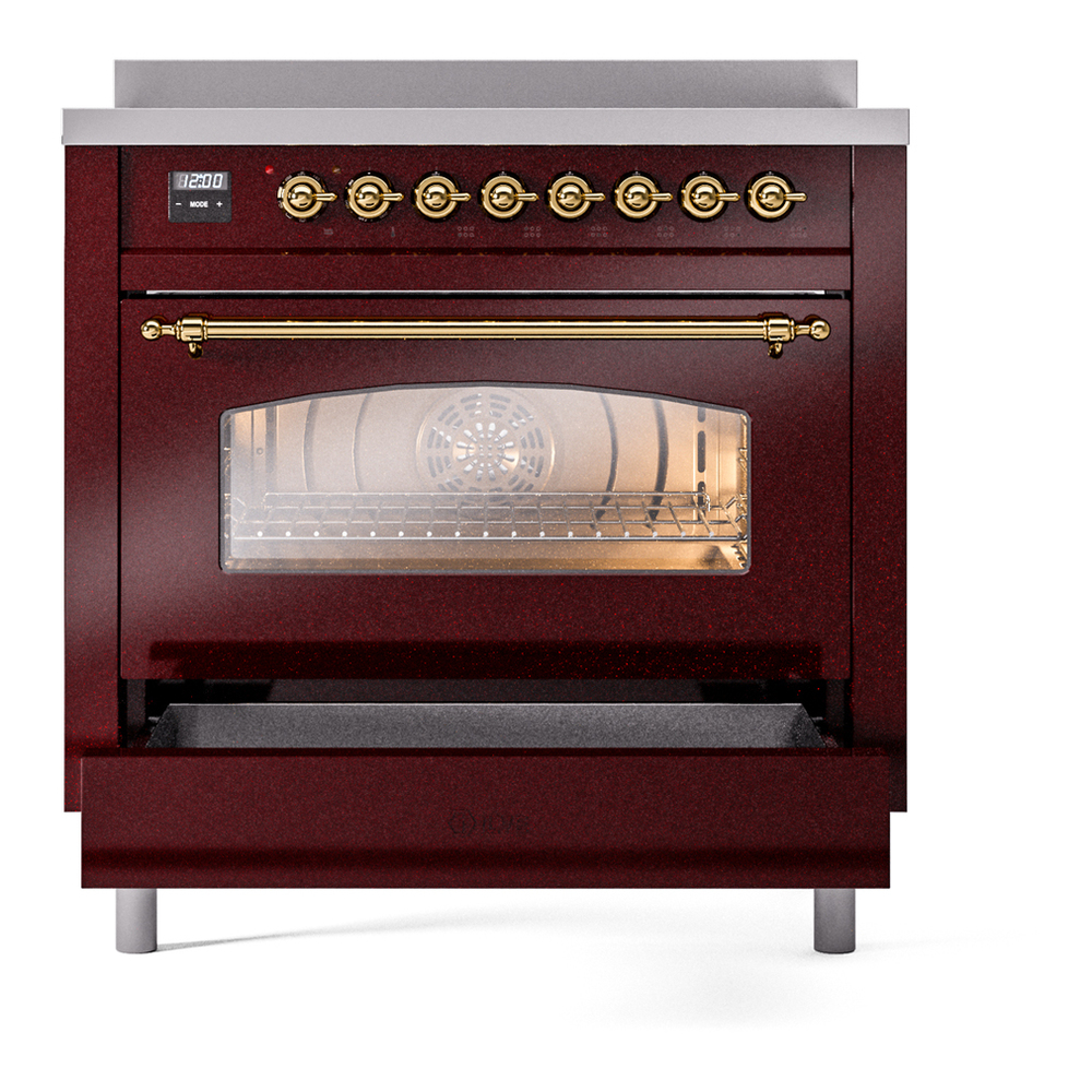 ILVE UPI366NMPBUG Nostalgie II 36 inch Induction Range with 6 Elements (Triple Glass Door, Burgundy, Brass) 7 ILVE UPI366NMPBUG Nostalgie II 36" Induction Range, drawer opened