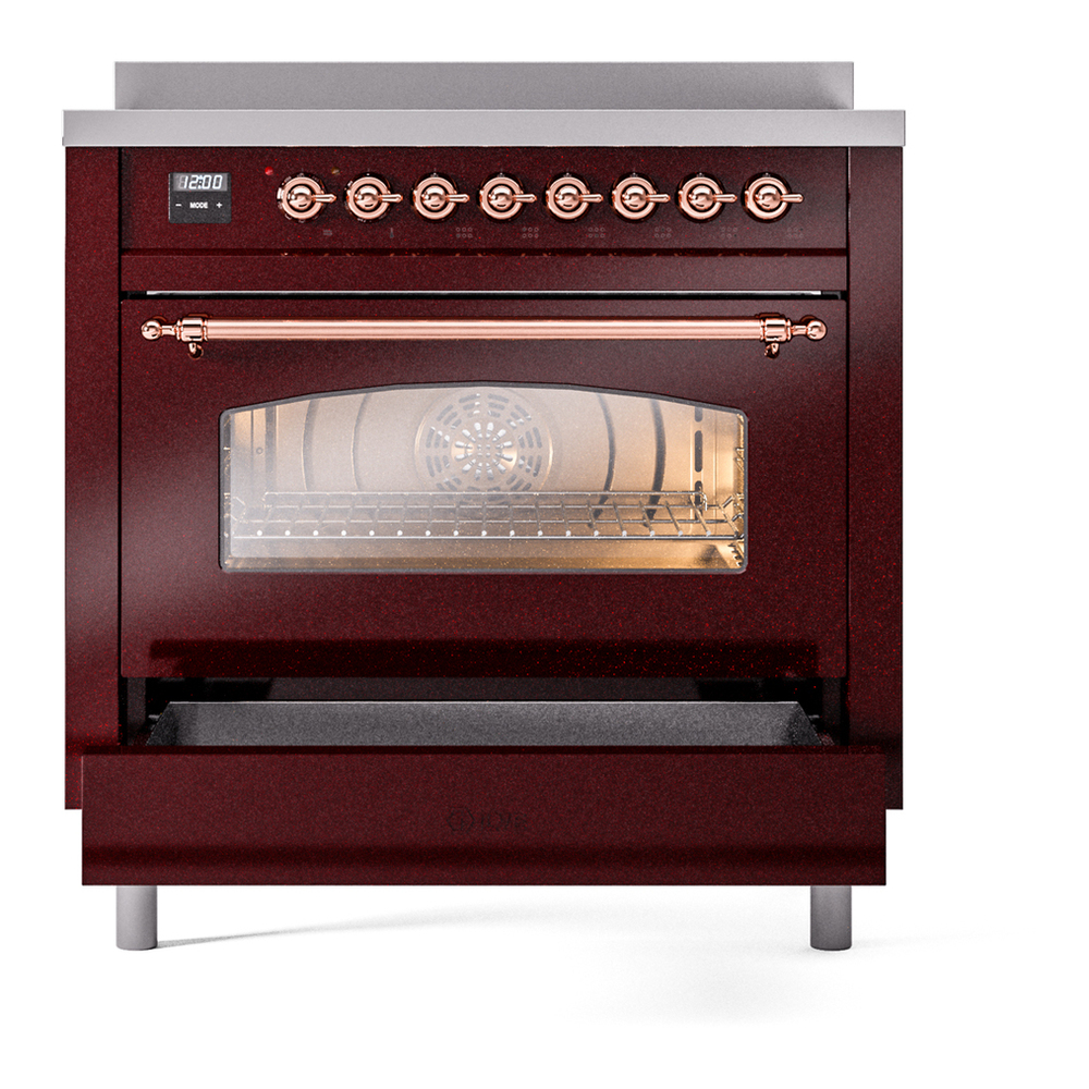 ILVE UPI366NMPBUP Nostalgie II 36 inch Induction Range with 6 Elements (Triple Glass Door, Burgundy, Copper) 7 ILVE UPI366NMPBUP Nostalgie II 36" Induction Range, drawer opened