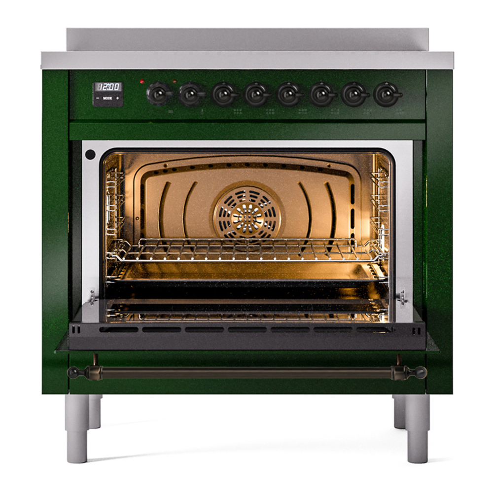 ILVE UPI366NMPEGB Nostalgie II 36 inch Induction Range with 6 Elements (Triple Glass Door, Emerald Green, Burnished) 5 ILVE UPI366NMP door opened