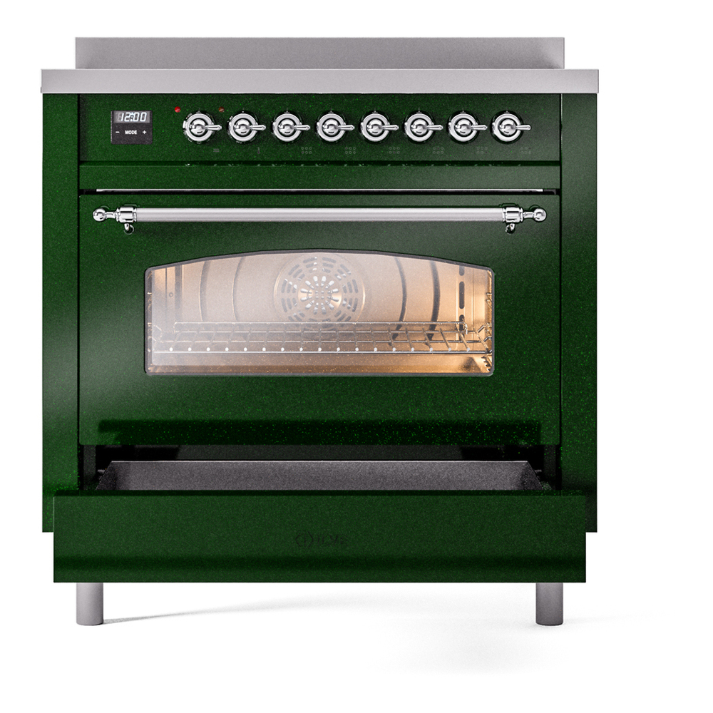 ILVE UPI366NMPEGC Nostalgie II 36 inch Induction Range with 6 Elements (Triple Glass Door, Emerald Green, Chrome) 7 ILVE UPI366NMPEGC Nostalgie II 36" Induction Range, drawer opened