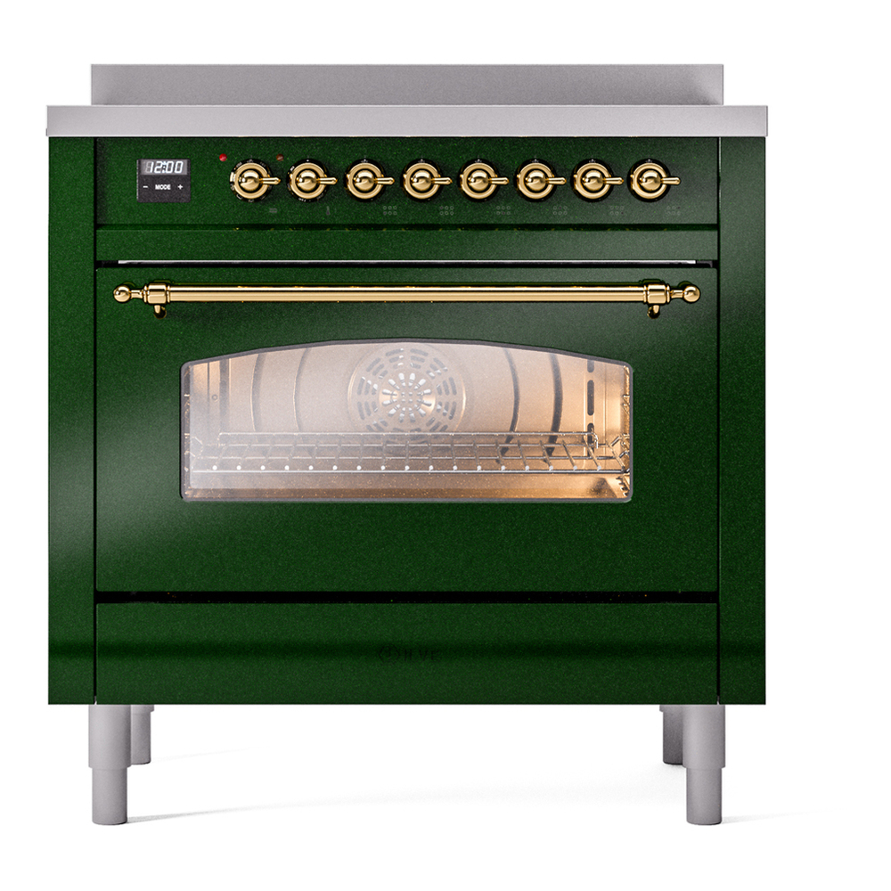 ILVE UPI366NMPEGG Nostalgie II 36 inch Induction Range with 6 Elements (Triple Glass Door, Emerald Green, Brass) 5 ILVE UPI366NMPEGG Nostalgie II 36" Induction Range, front view