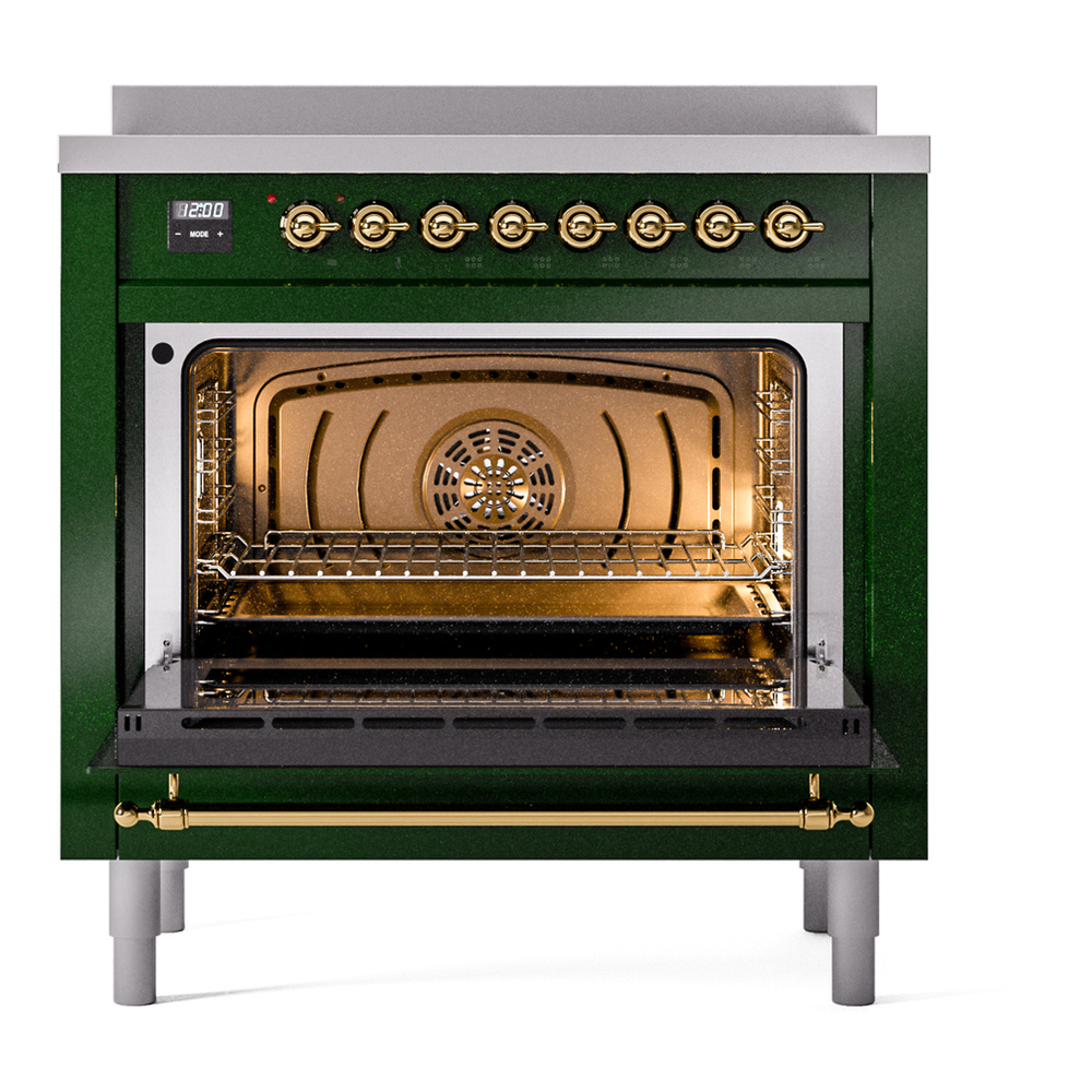 ILVE UPI366NMPEGG Nostalgie II 36 inch Induction Range with 6 Elements (Triple Glass Door, Emerald Green, Brass) 6 ILVE UPI366NMPEGG Nostalgie II 36" Induction Range, oven door opened