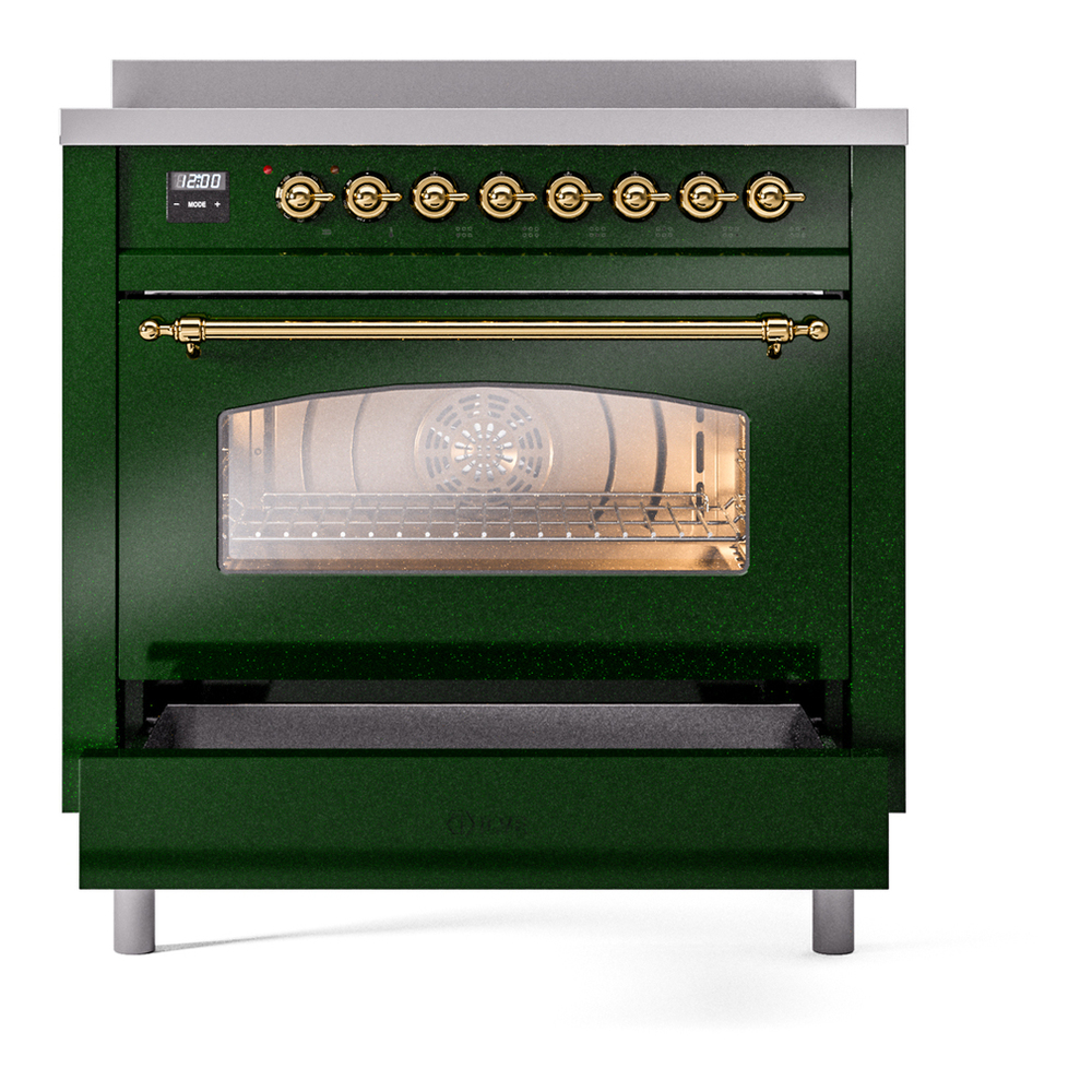 ILVE UPI366NMPEGG Nostalgie II 36 inch Induction Range with 6 Elements (Triple Glass Door, Emerald Green, Brass) 7 ILVE UPI366NMPEGG Nostalgie II 36" Induction Range, drawer opened