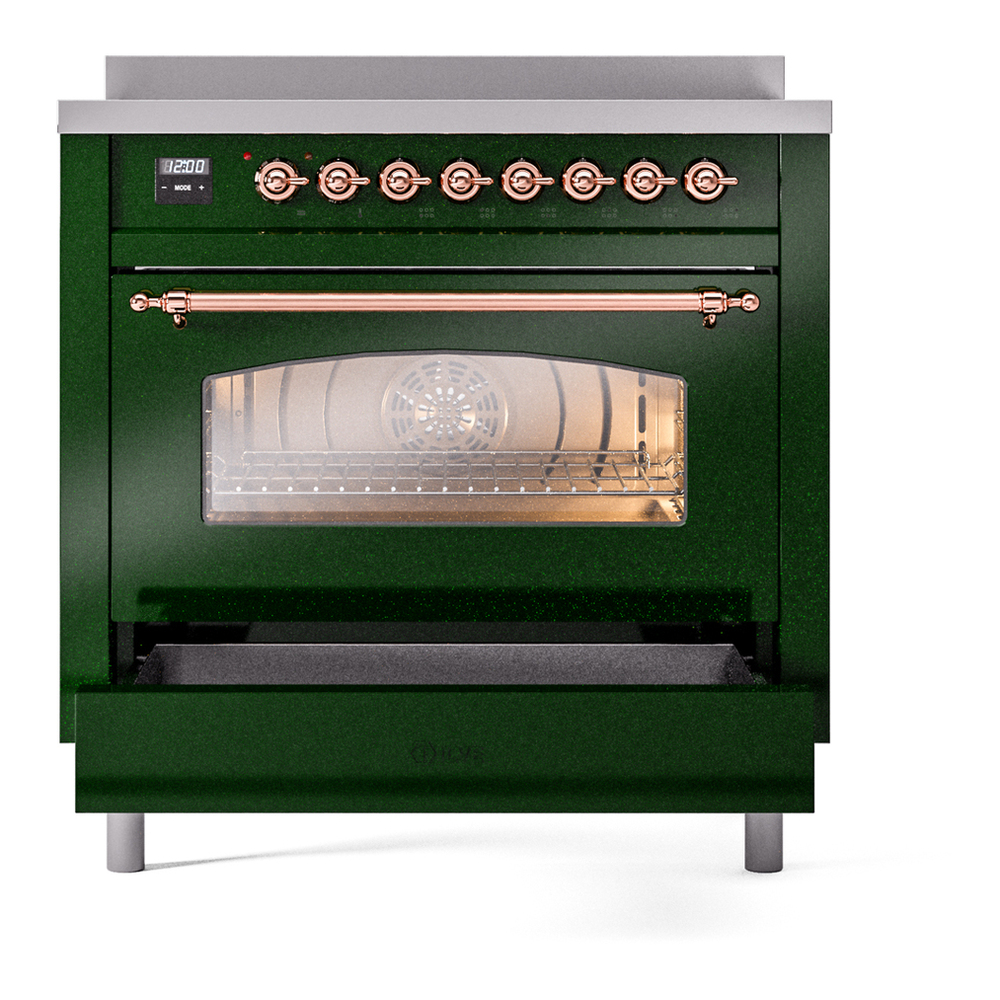 ILVE UPI366NMPEGP Nostalgie II 36 inch Induction Range with 6 Elements (Triple Glass Door, Emerald Green, Copper) 7 ILVE UPI366NMPEGP Nostalgie II 36" Induction Range, drawer opened