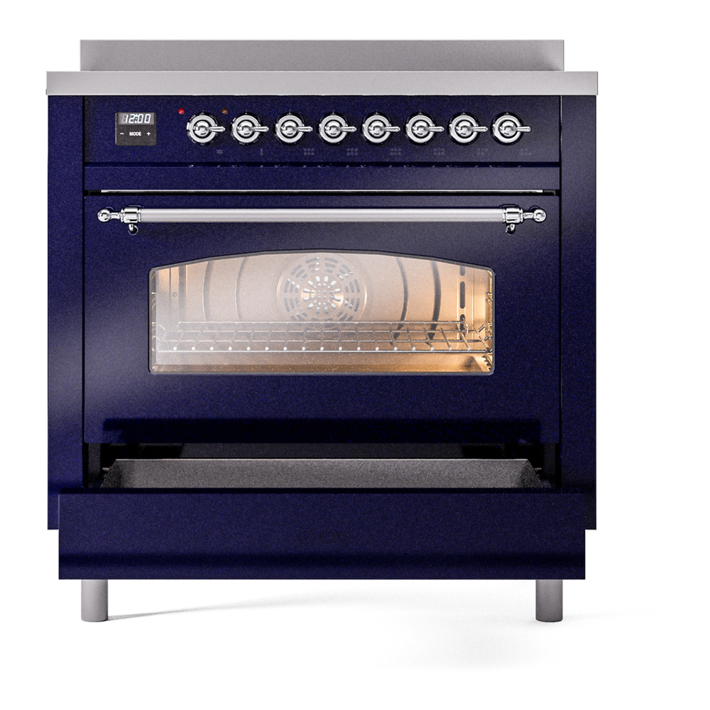 ILVE UPI366NMPMBC Nostalgie II 36 inch Induction Range with 6 Elements (Triple Glass Door, Midnight Blue, Chrome) 7 ILVE UPI366NMPMBC Nostalgie II 36" Induction Range, drawer opened