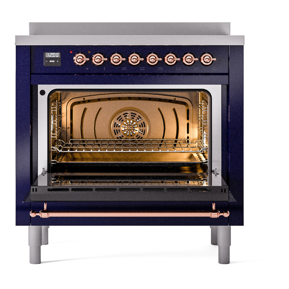 ILVE UPI366NMPMBP Nostalgie II 36 inch Induction Range with 6 Elements (Triple Glass Door, Midnight Blue, Copper) 6 ILVE UPI366NMPMBP Nostalgie II 36" Induction Range, oven door opened