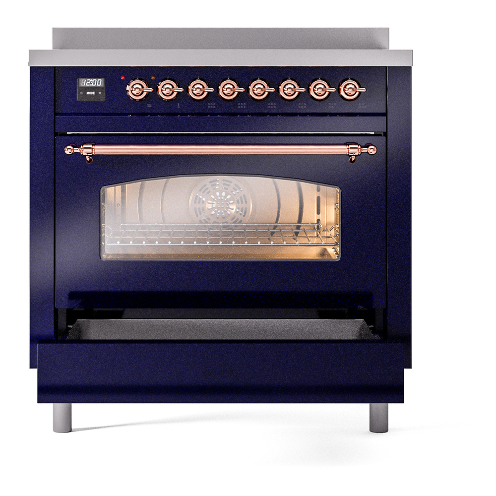 ILVE UPI366NMPMBP Nostalgie II 36 inch Induction Range with 6 Elements (Triple Glass Door, Midnight Blue, Copper) 7 ILVE UPI366NMPMBP Nostalgie II 36" Induction Range, drawer opened