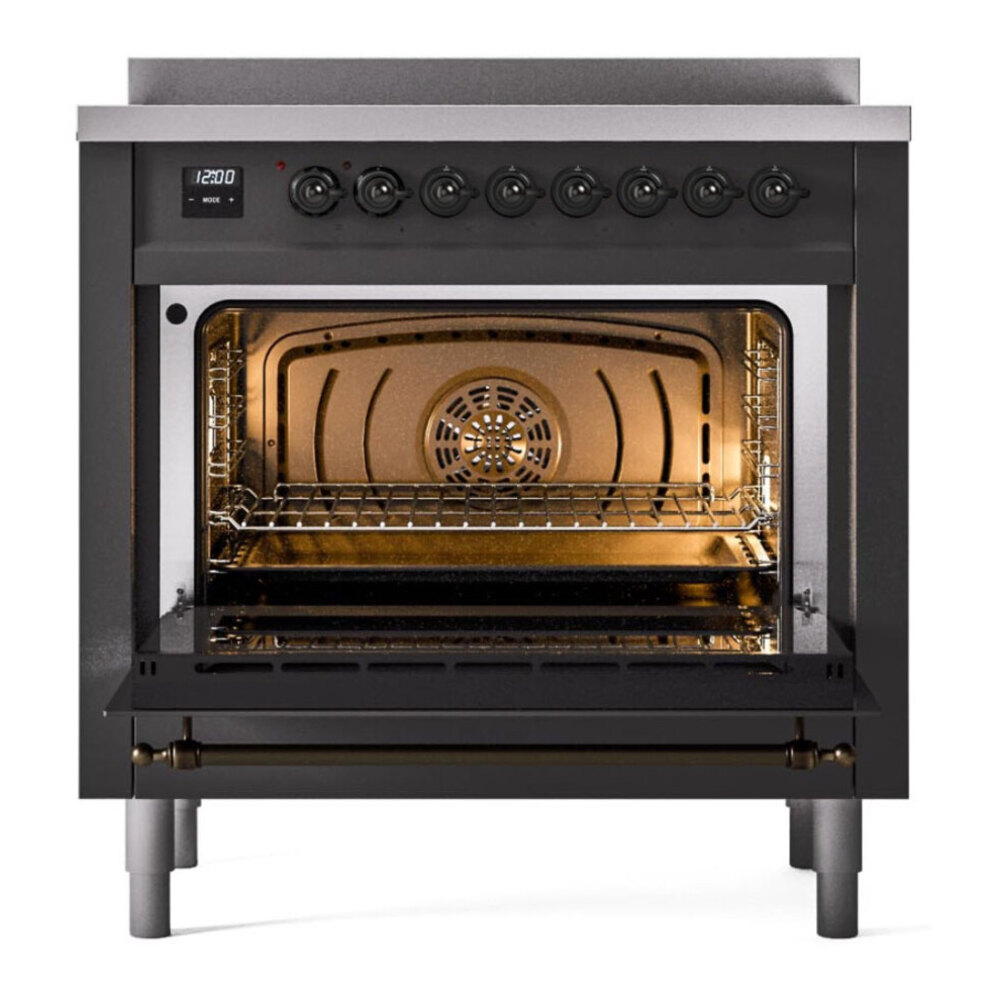ILVE UPI366NMPMGB Nostalgie II 36 inch Induction Range with 6 Elements (Triple Glass Door, Graphite Matte, Burnished) 6 ILVE UPI366NMPMGB door opened