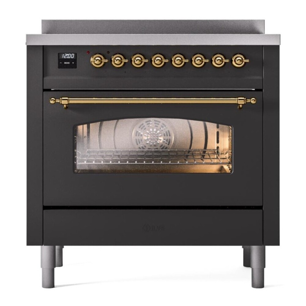 ILVE UPI366NMPMGG Nostalgie II 36 inch Induction Range with 6 Elements (Triple Glass Door, Graphite Matte, Brass) 5 ILVE UPI366NMPMGG front view