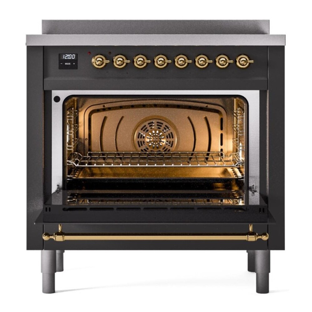 ILVE UPI366NMPMGG Nostalgie II 36 inch Induction Range with 6 Elements (Triple Glass Door, Graphite Matte, Brass) 6 ILVE UPI366NMPMGG door opened
