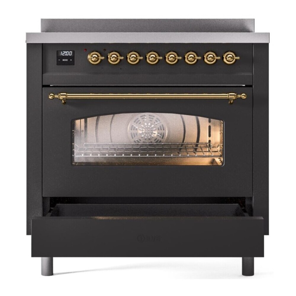 ILVE UPI366NMPMGG Nostalgie II 36 inch Induction Range with 6 Elements (Triple Glass Door, Graphite Matte, Brass) 7 ILVE UPI366NMPMGG drawer opened