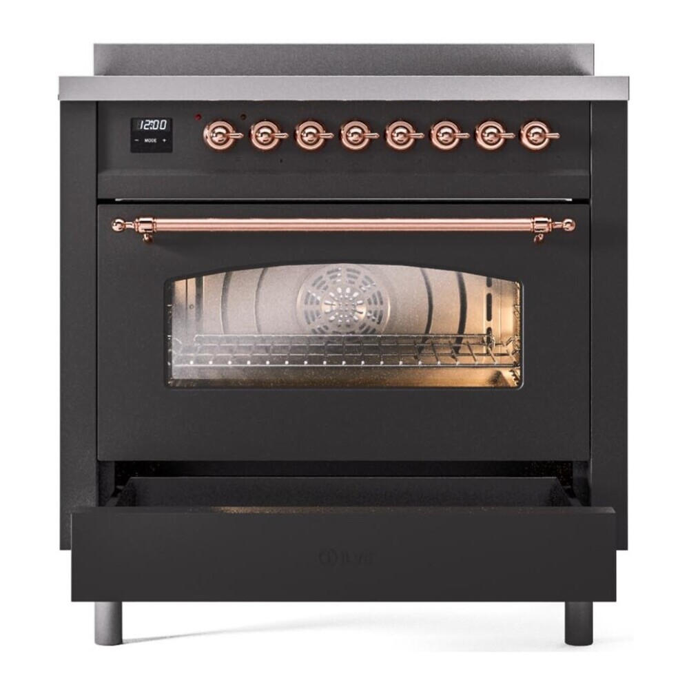 ILVE UPI366NMPMGP Nostalgie II 36 inch Induction Range with 6 Elements (Triple Glass Door, Graphite Matte, Copper) 7 ILVE UPI366NMPMGP drawer opened