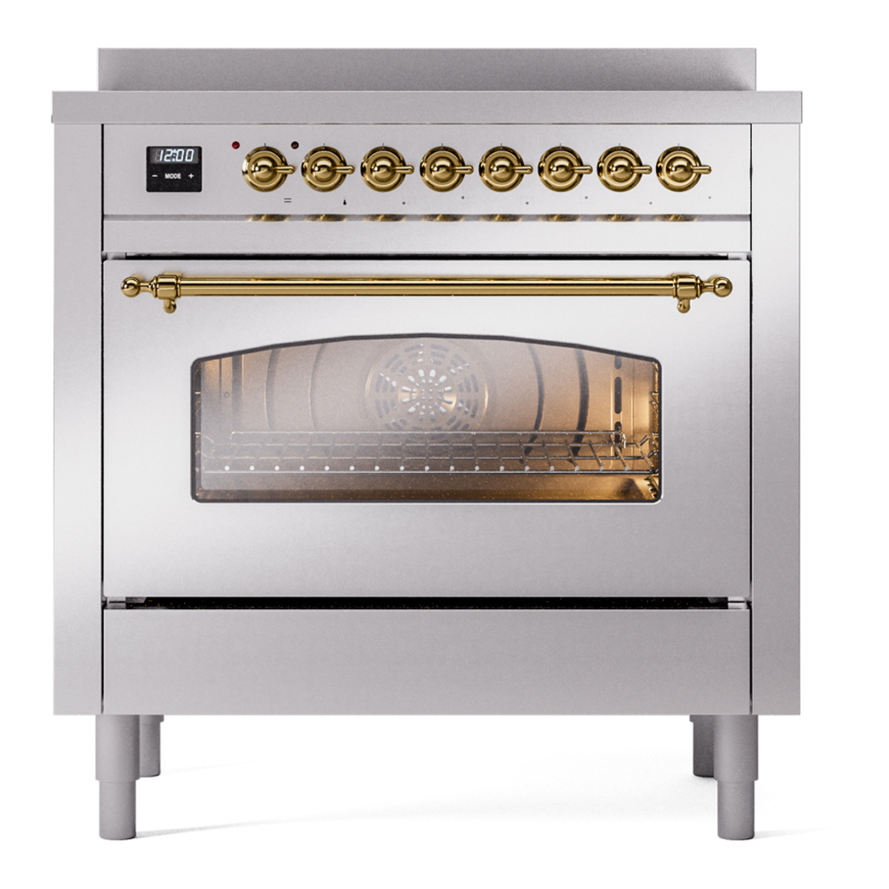 ILVE UPI366NMPSSG Nostalgie II 36 inch Induction Range with 6 Elements (Triple Glass Door, Stainless Steel, Brass) 2 ILVE UPI366NMPSSG Nostalgie II 36" Induction Range, front view