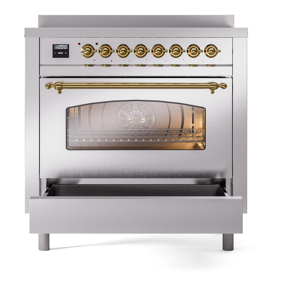 ILVE UPI366NMPSSG Nostalgie II 36 inch Induction Range with 6 Elements (Triple Glass Door, Stainless Steel, Brass) 8 ILVE UPI366NMPSSG Nostalgie II 36" Induction Range, drawer opened