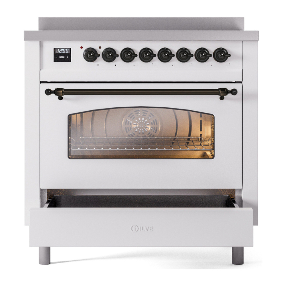 ILVE UPI366NMPWHB Nostalgie II 36 inch Induction Range with 6 Elements (Triple Glass Door, White, Burnished) 7 ILVE UPI366NMP drawer opened