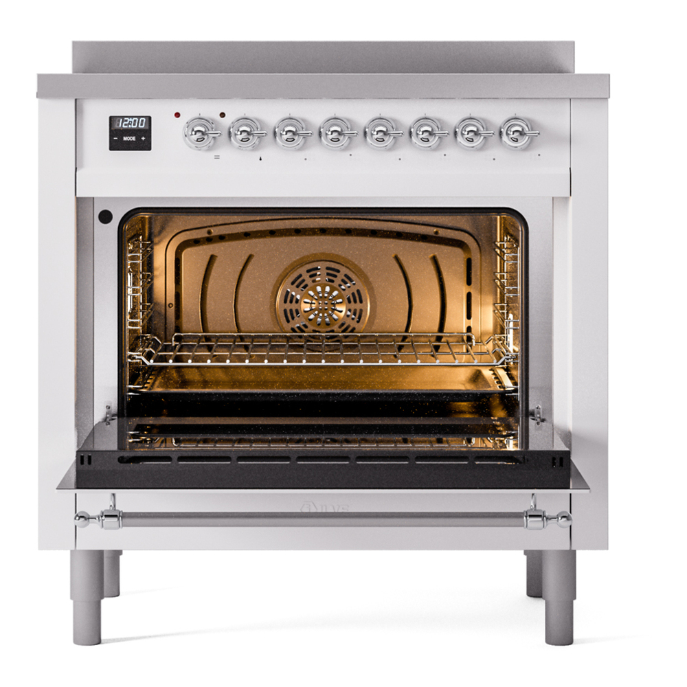 ILVE UPI366NMPWHC Nostalgie II 36 inch Induction Range with 6 Elements (Triple Glass Door, White, Chrome) 6 ILVE UPI366NMPWHC Nostalgie II 36" Induction Range, oven door opened