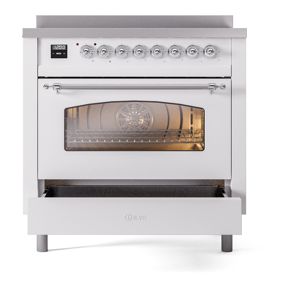 ILVE UPI366NMPWHC Nostalgie II 36 inch Induction Range with 6 Elements (Triple Glass Door, White, Chrome) 7 ILVE UPI366NMPWHC Nostalgie II 36" Induction Range, drawer opened