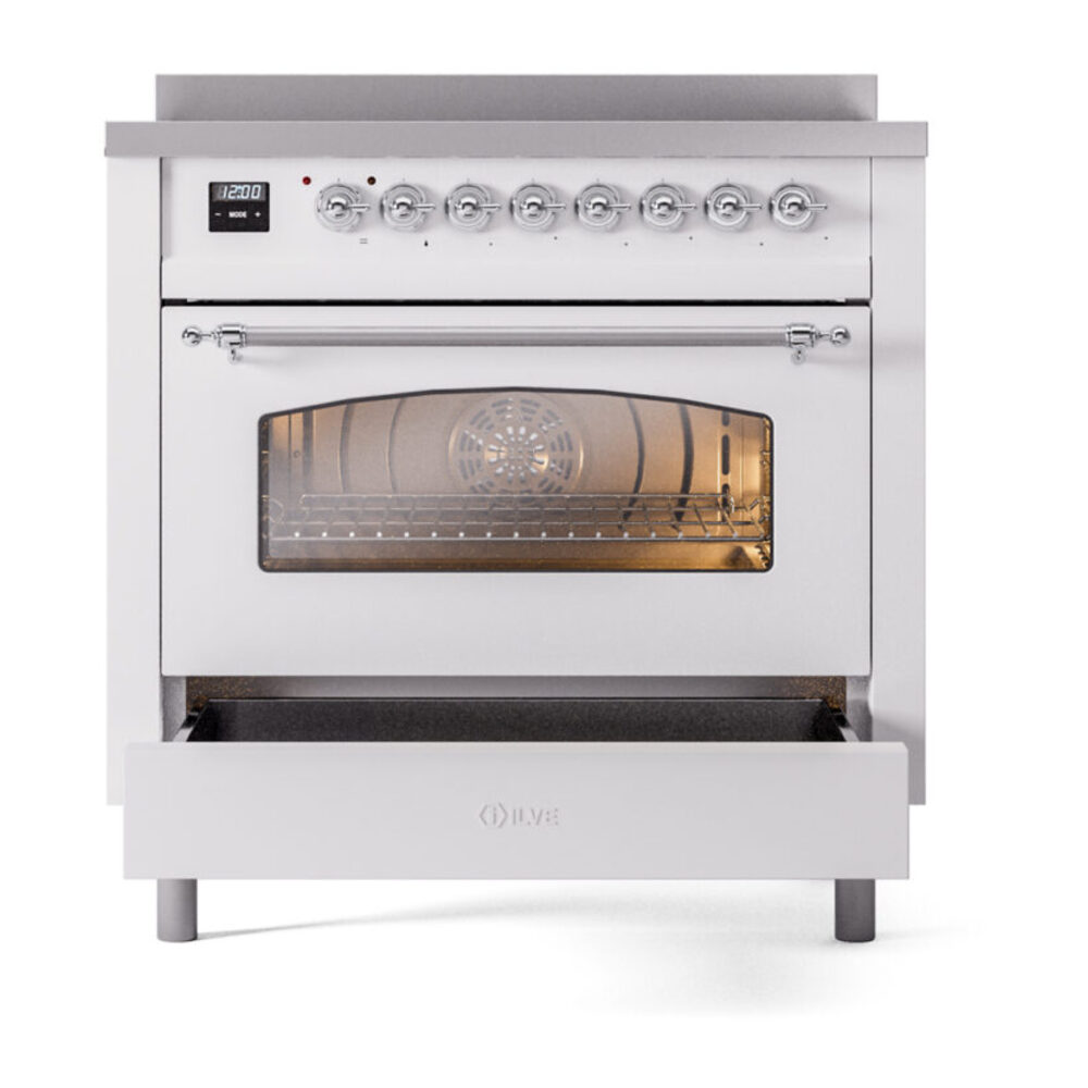 ILVE UPI366NMPWHC Nostalgie II 36" Induction Range, drawer opened
