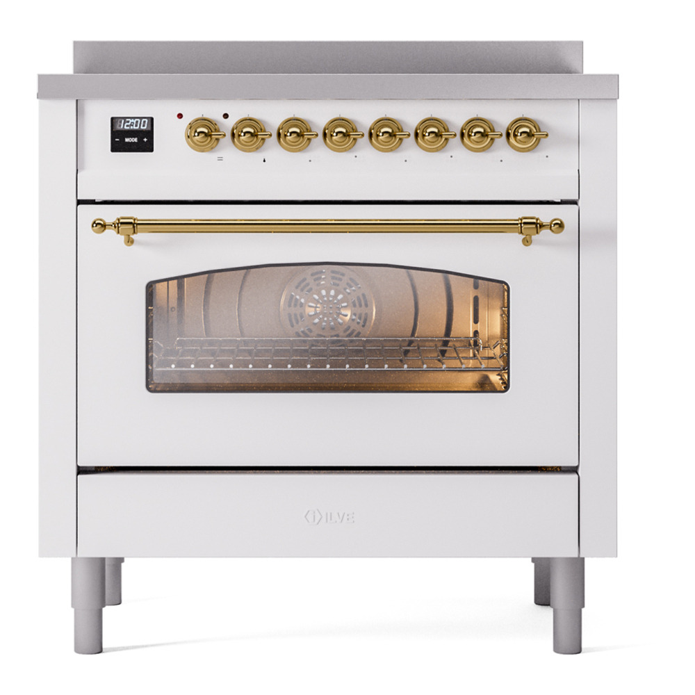 ILVE UPI366NMPWHG Nostalgie II 36 inch Induction Range with 6 Elements (Triple Glass Door, White, Brass) 5 ILVE UPI366NMPWHG Nostalgie II 36" Induction Range, front view