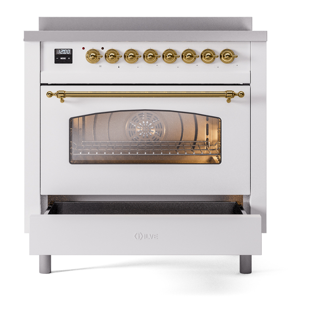 ILVE UPI366NMPWHG Nostalgie II 36 inch Induction Range with 6 Elements (Triple Glass Door, White, Brass) 7 ILVE UPI366NMPWHG Nostalgie II 36" Induction Range, drawer opened