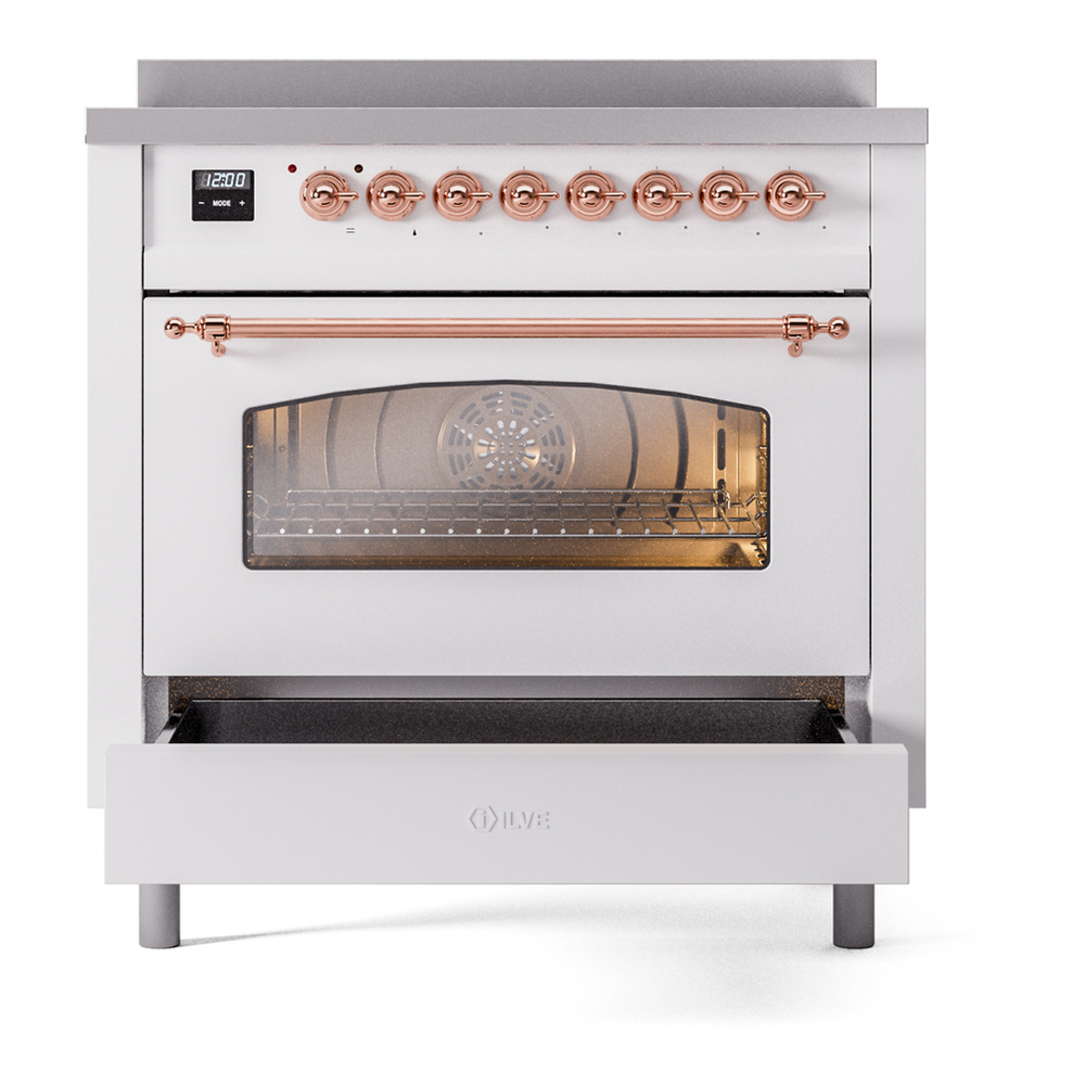 ILVE UPI366NMPWHP Nostalgie II 36 inch Induction Range with 6 Elements (Triple Glass Door, White, Copper) 7 ILVE UPI366NMPWHP Nostalgie II 36" Induction Range, drawer opened