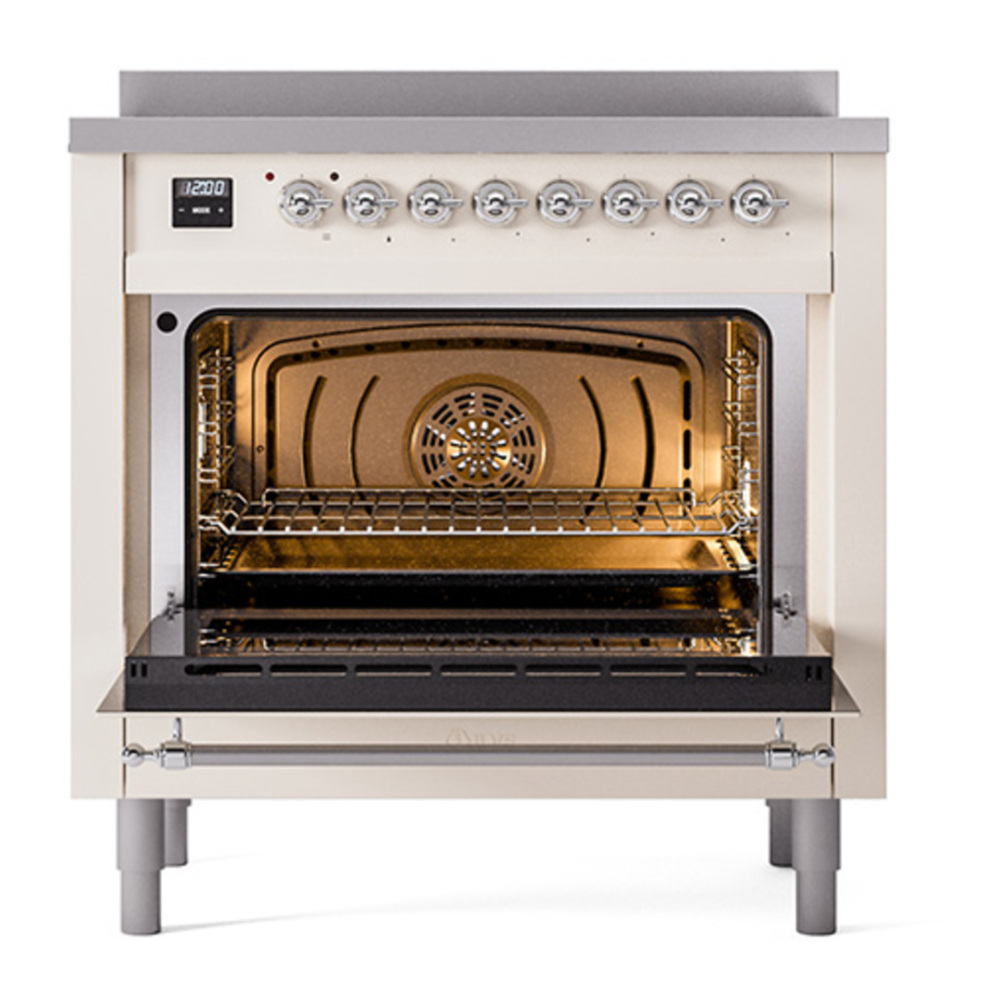 ILVE UPI366QNMPAWC Nostalgie II 36 inch Induction Range with 6 Elements (Solid Door, Antique White, Chrome) 5 ILVE_UPI366QNMPAWC_Nostalgie_II_oven_door_opened