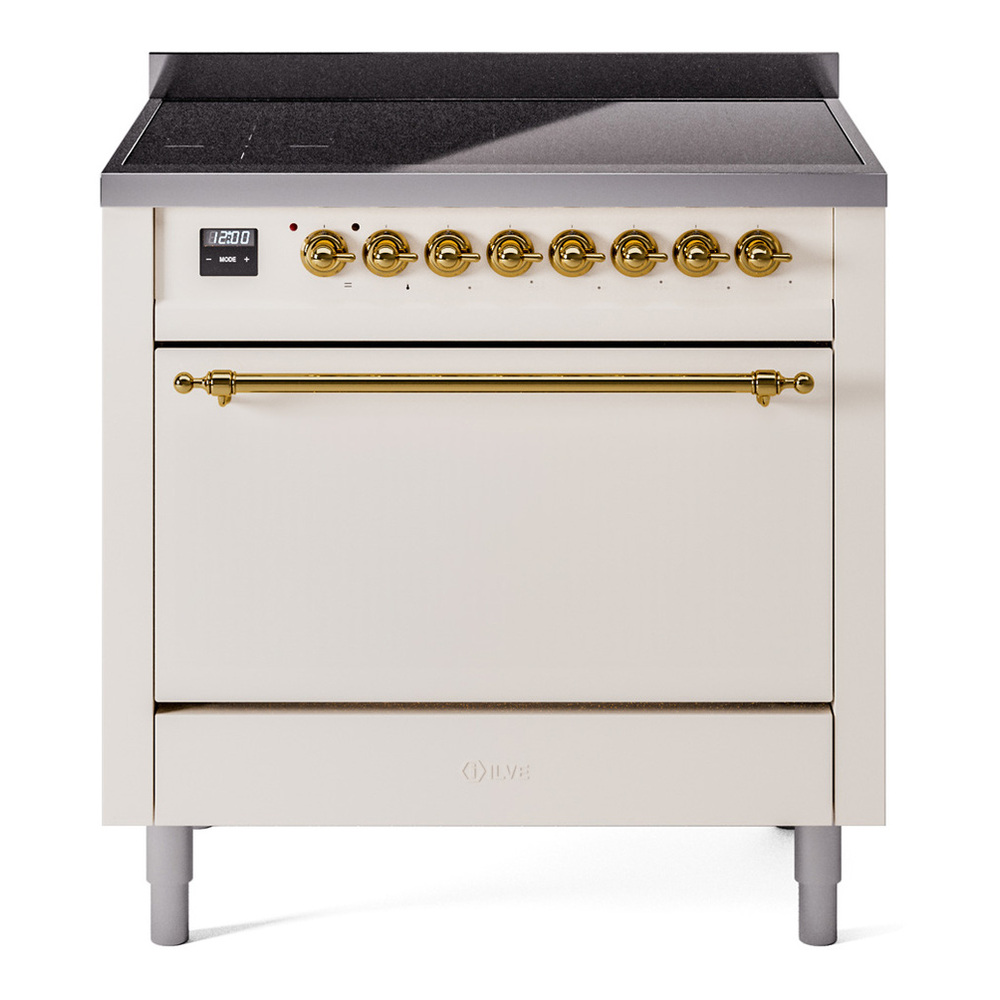 ILVE UPI366QNMPAWG Nostalgie II 36 inch Induction Range with 6 Elements (Solid Door, Antique White, Brass)