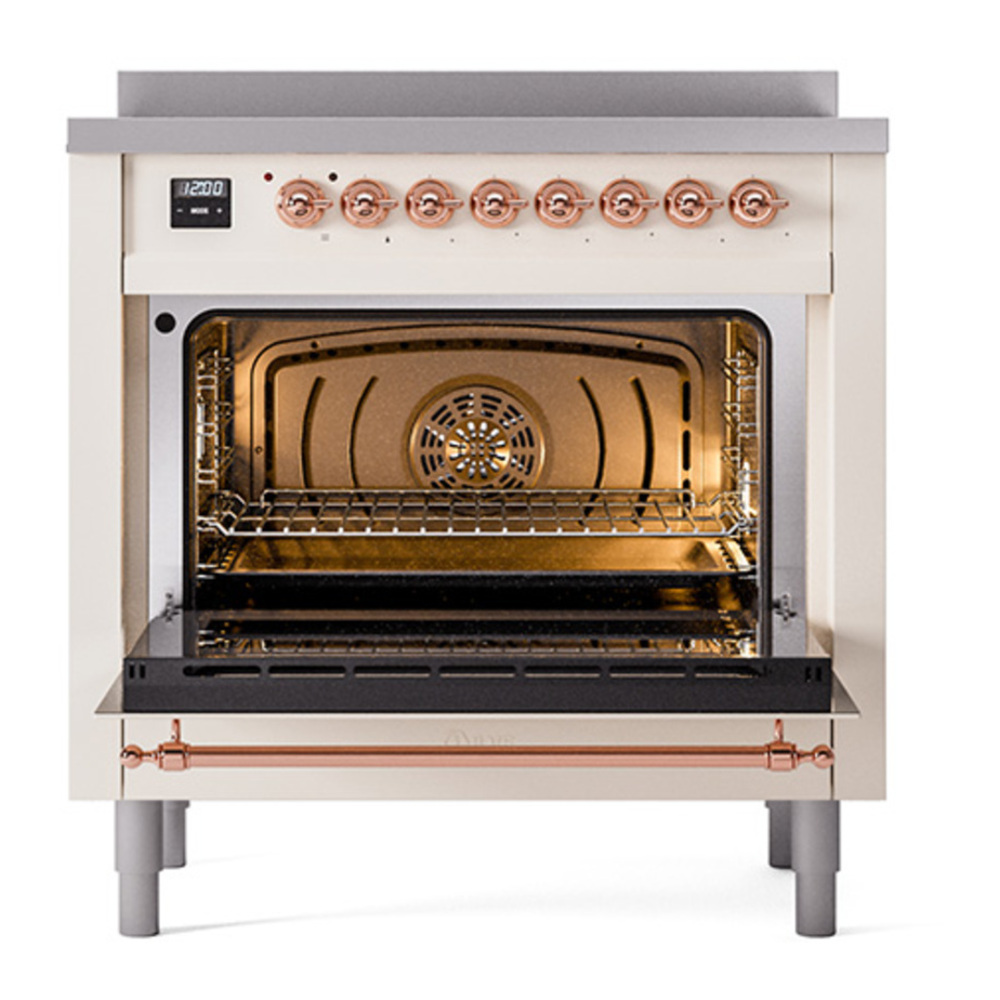 ILVE UPI366QNMPAWP Nostalgie II 36 inch Induction Range with 6 Elements (Solid Door, Antique White, Copper) 5 ILVE_UPI366QNMPAWP_Nostalgie_II_oven_door_opened
