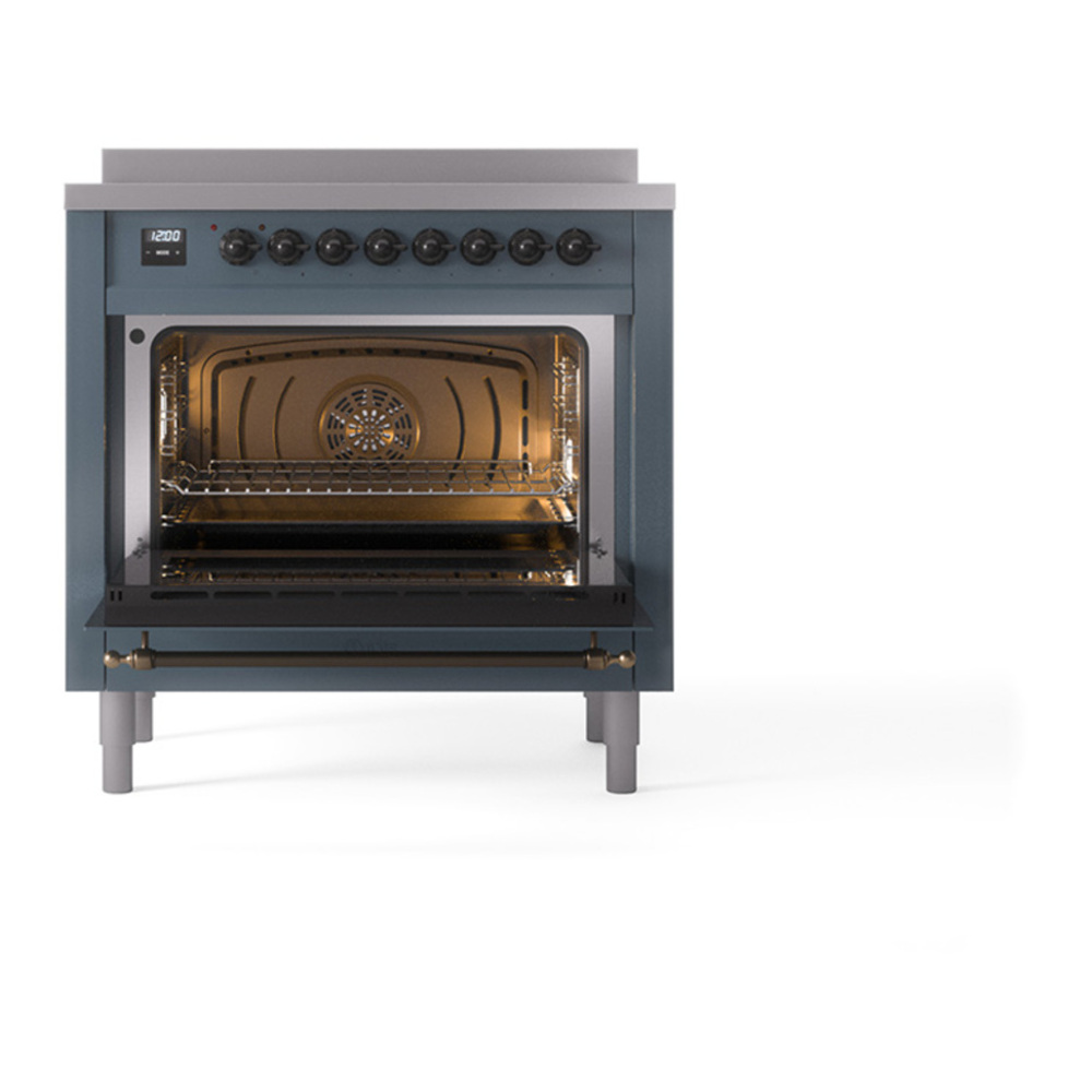 ILVE UPI366QNMPBGB Nostalgie II 36 inch Induction Range with 6 Elements (Solid Door, Blue Grey, Burnished) 5 ILVE_UPI366QNMPBGB_Nostalgie_II_oven_door_opened
