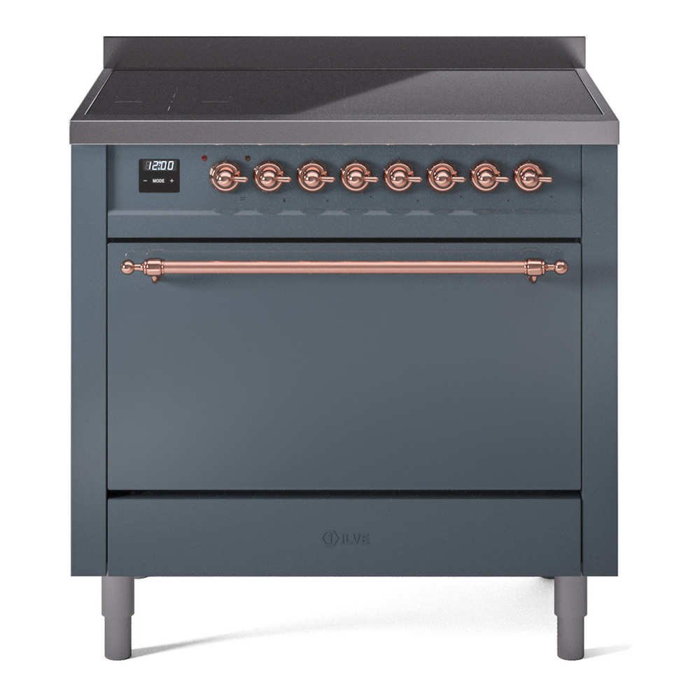 ILVE UPI366QNMPBGP Nostalgie II 36 inch Induction Range with 6 Elements (Solid Door, Blue Grey, Copper) 1 UPI366QNMPBGP