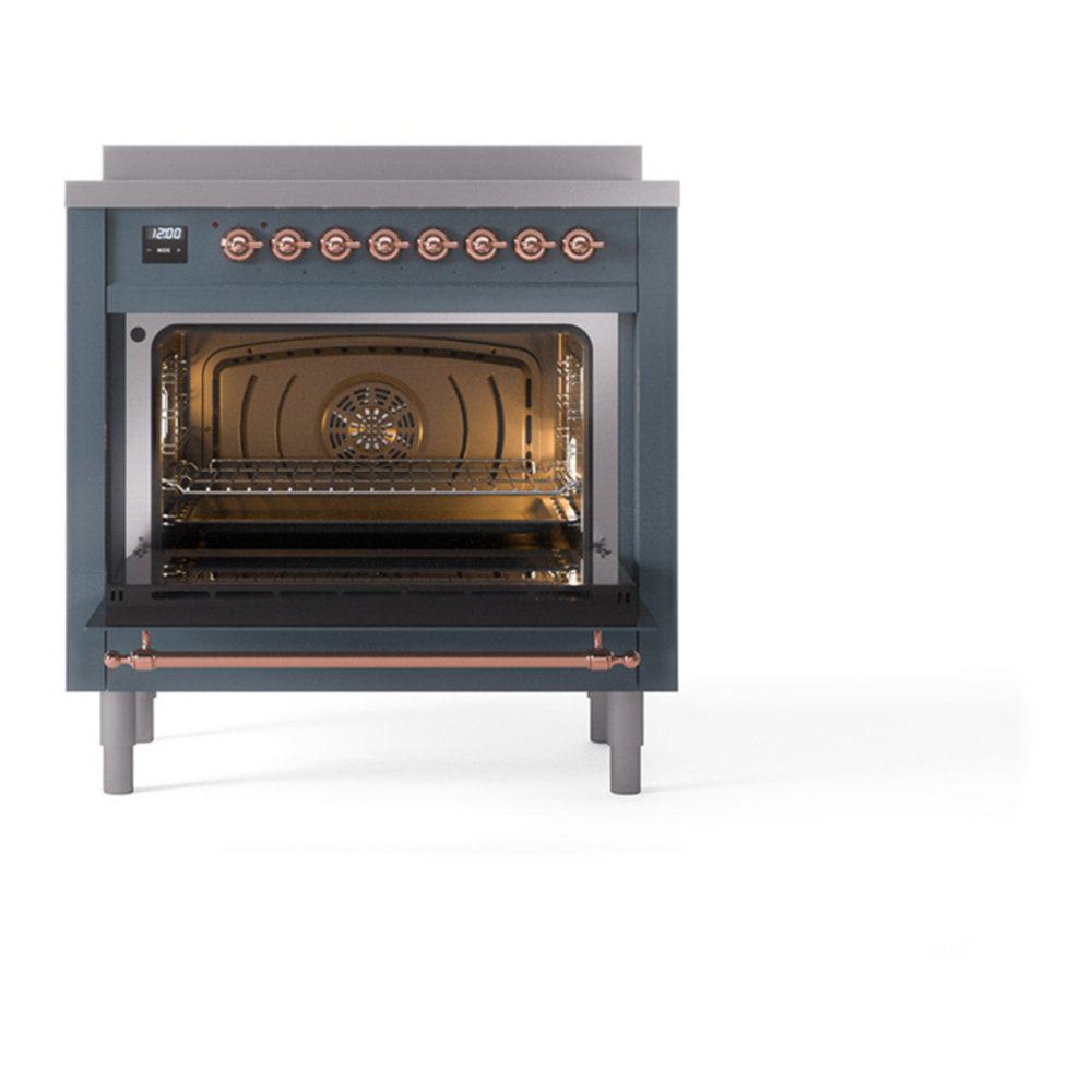 ILVE UPI366QNMPBGP Nostalgie II 36 inch Induction Range with 6 Elements (Solid Door, Blue Grey, Copper) 5 ILVE_UPI366QNMPBGP_Nostalgie_II_oven_door_opened